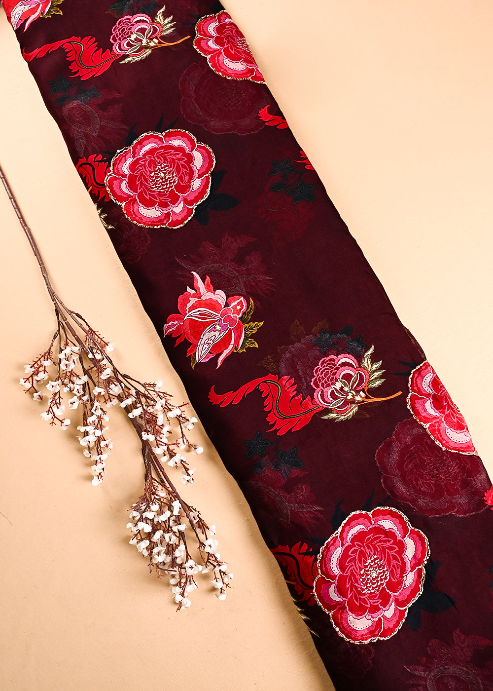 Wine Organza Fabric With All Over Floral Print, Bead And Katdana Work 24594