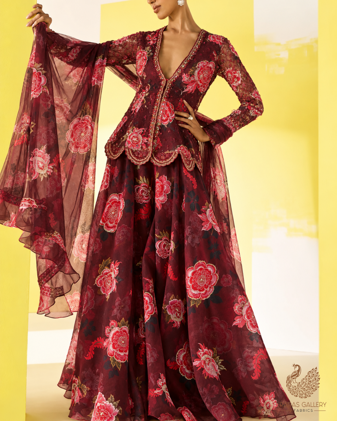 Wine Organza Fabric With All Over Floral Print, Bead And Katdana Work 24594