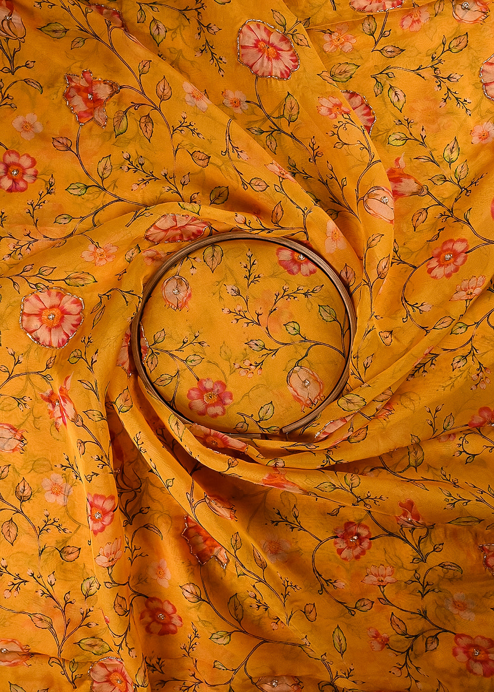 Yellow Organza Fabric With All Over Floral Print, Bead And Katdana Work 24596