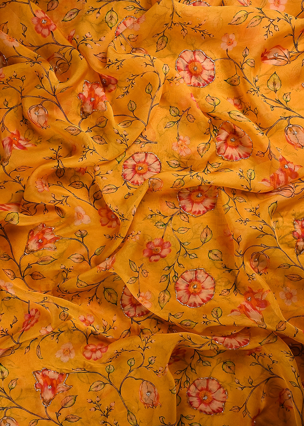 Yellow Organza Fabric With All Over Floral Print, Bead And Katdana Work 24596