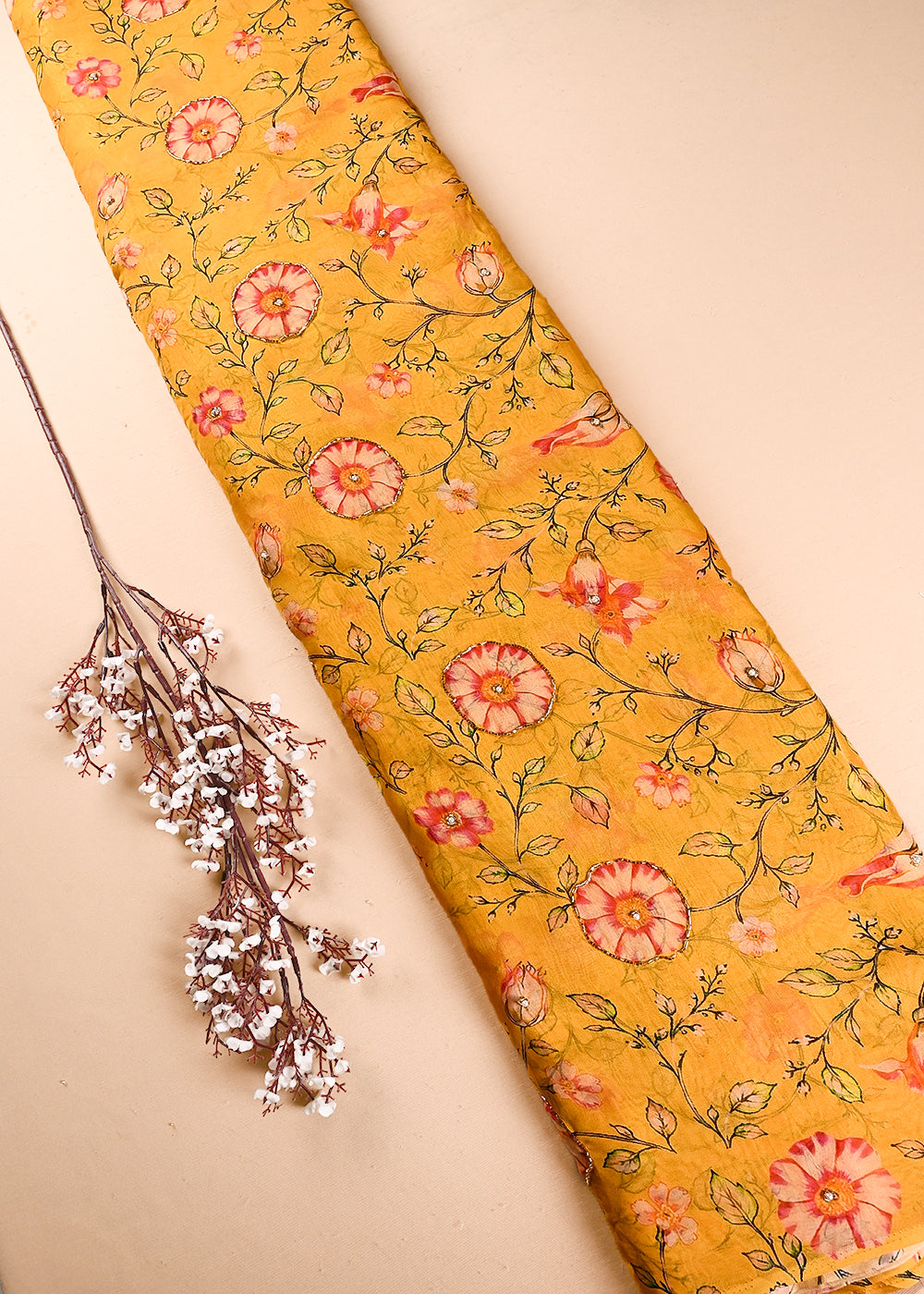 Yellow Organza Fabric With All Over Floral Print, Bead And Katdana Work 24596