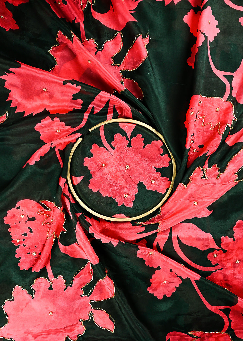 Mehendi Green Organza Fabric With All Over Floral Print, Bead And Katdana Work 24597