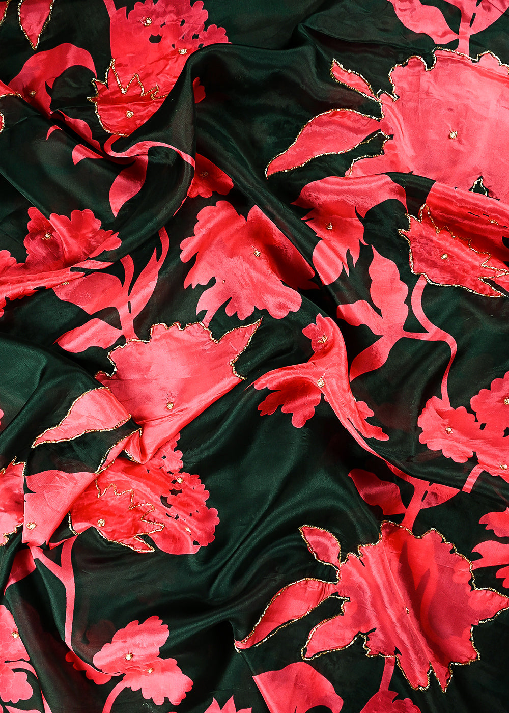 Mehendi Green Organza Fabric With All Over Floral Print, Bead And Katdana Work 24597