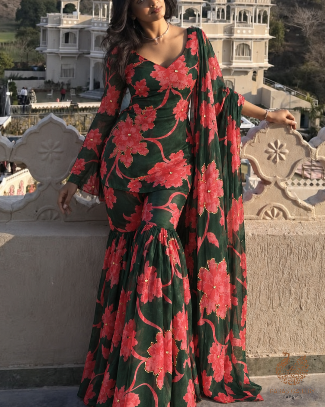 Mehendi Green Organza Fabric With All Over Floral Print, Bead And Katdana Work 24597