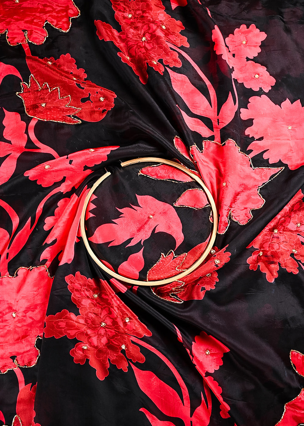 Black Organza Fabric With All Over Floral Print, Bead And Katdana Work 24598