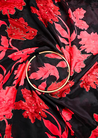 Black Organza Fabric With All Over Floral Print, Bead And Katdana Work 24598