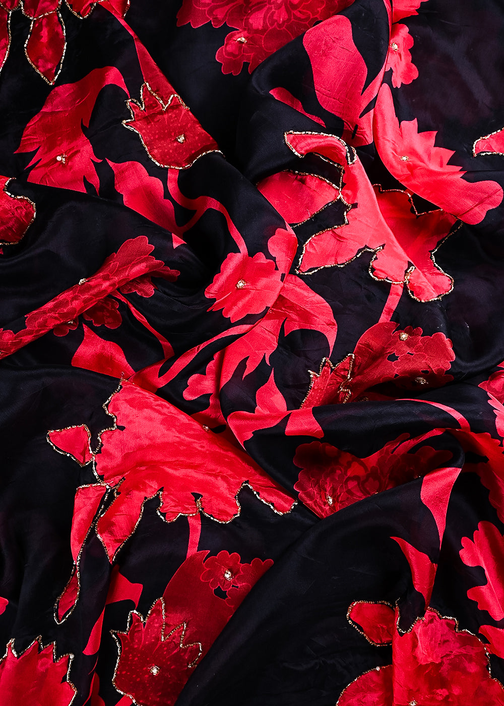 Black Organza Fabric With All Over Floral Print, Bead And Katdana Work 24598