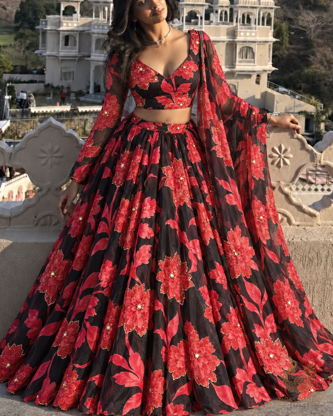 Black Organza Fabric With All Over Floral Print, Bead And Katdana Work 24598