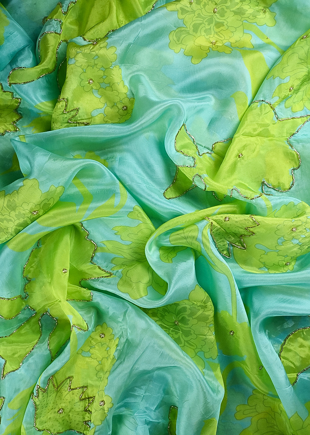 Sky Blue Organza Fabric With All Over Floral Print, Bead And Katdana Work 24599