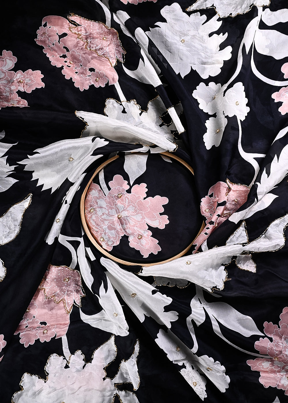 Black Organza Fabric With All Over Floral Print, Bead And Katdana Work 24600