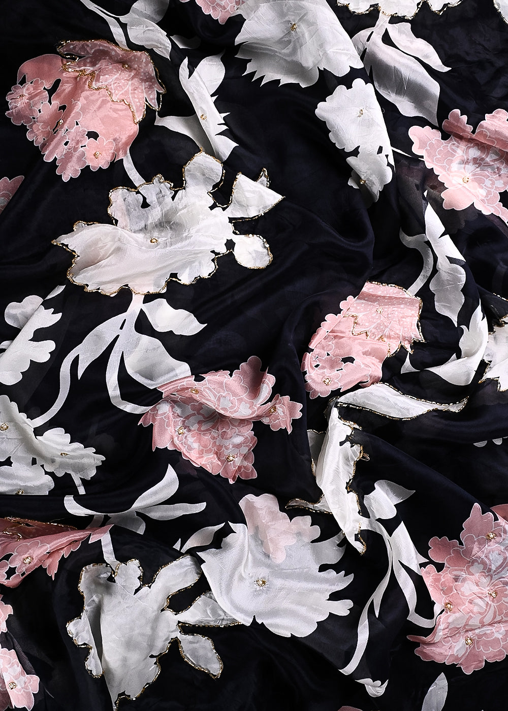 Black Organza Fabric With All Over Floral Print, Bead And Katdana Work 24600