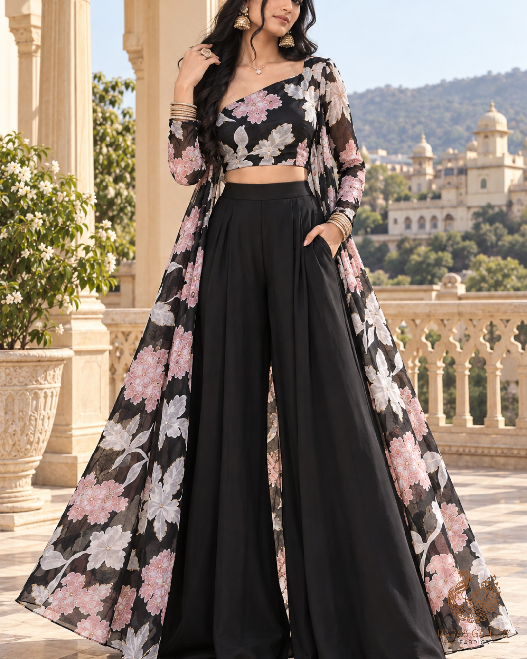 Black Organza Fabric With All Over Floral Print, Bead And Katdana Work 24600