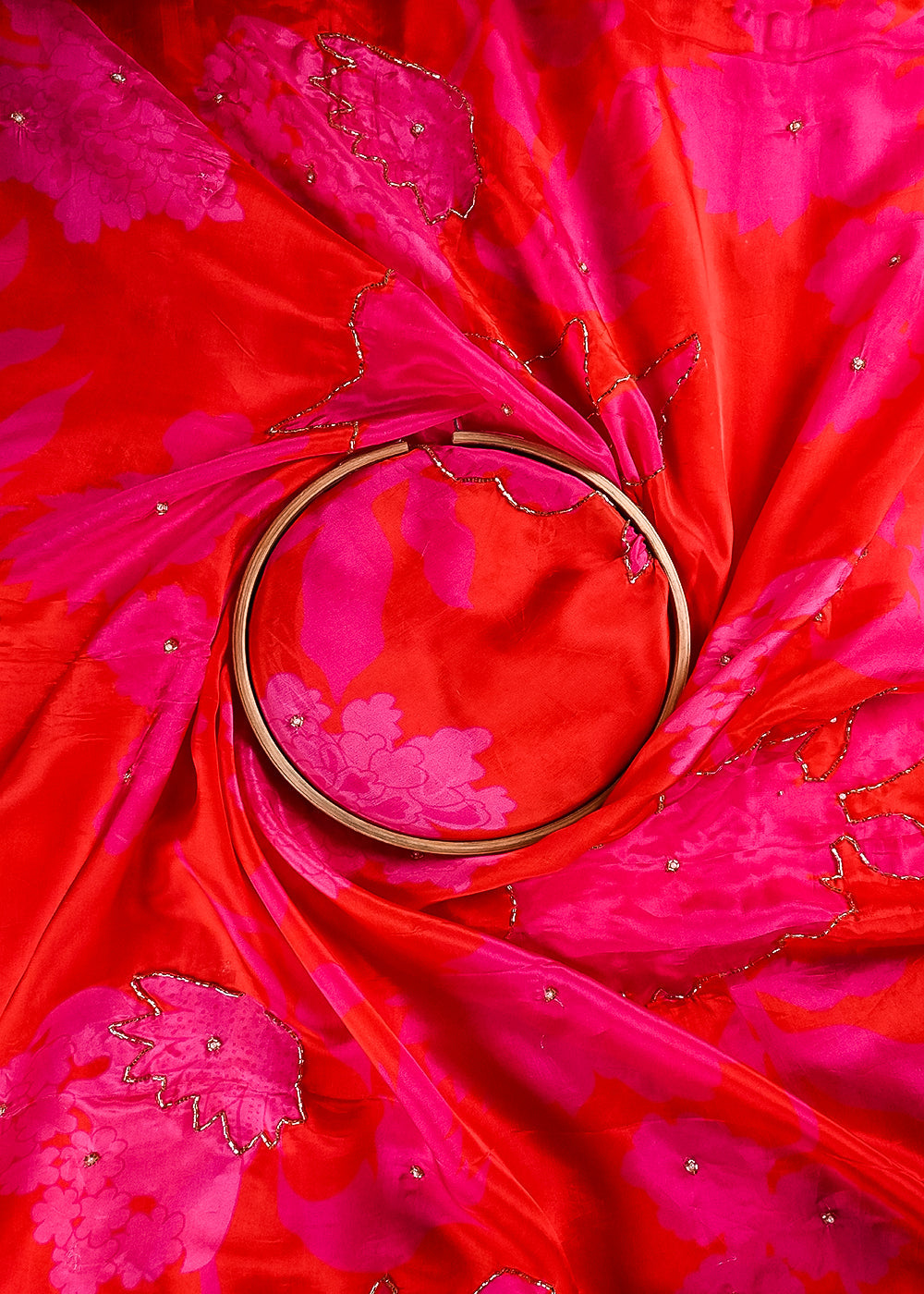 Red Organza Fabric With All Over Floral Print, Bead And Katdana Work 24601