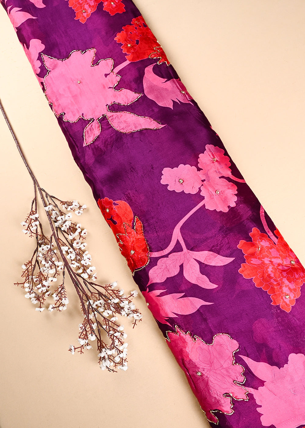 Purple Organza Fabric With All Over Floral Print, Bead And Katdana Work 24602