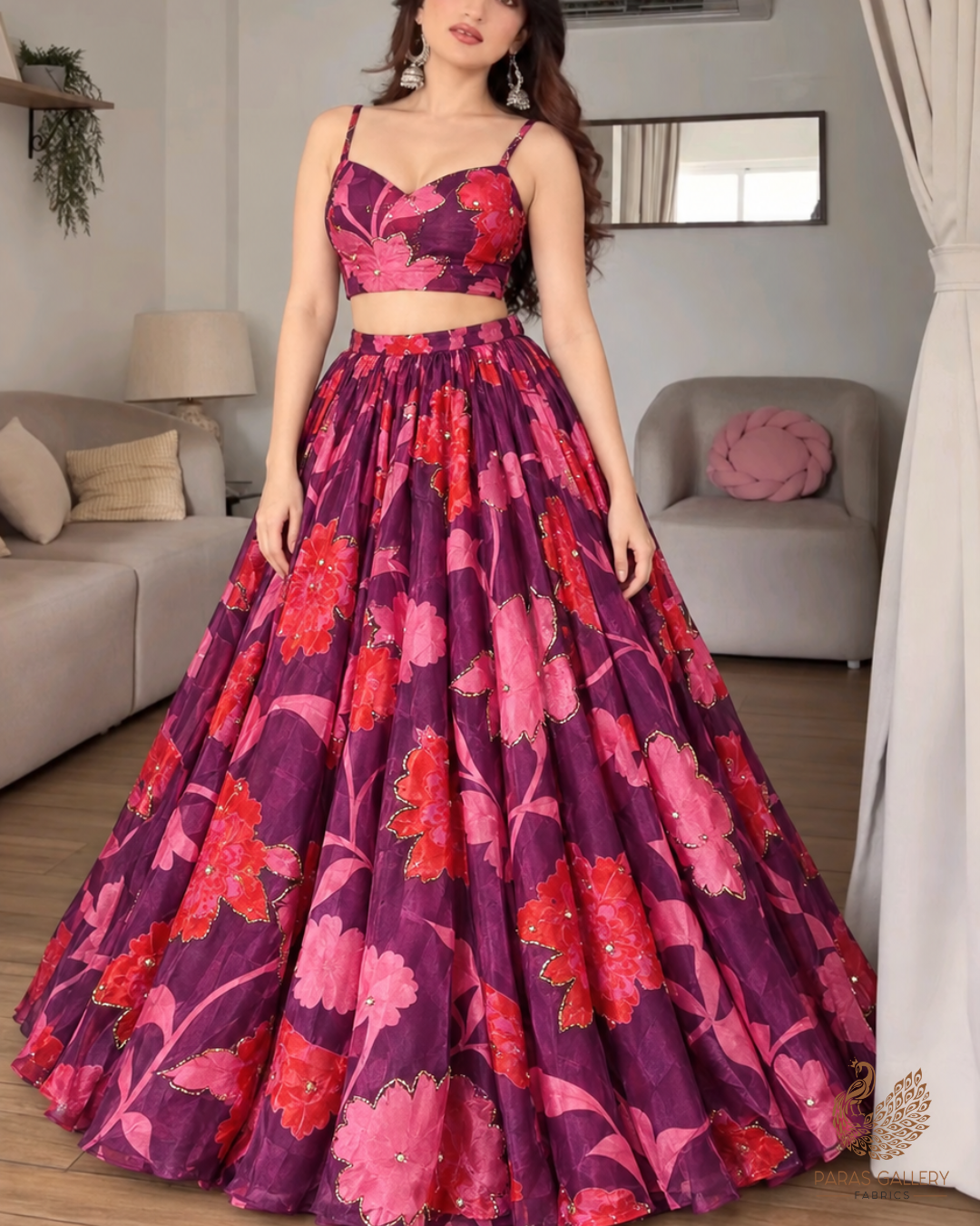 Purple Organza Fabric With All Over Floral Print, Bead And Katdana Work 24602