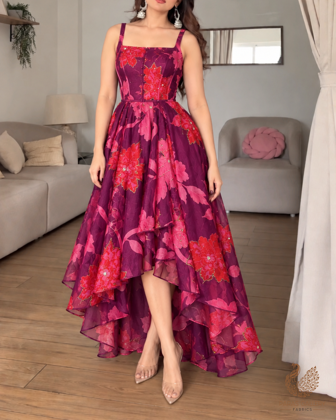 Purple Organza Fabric With All Over Floral Print, Bead And Katdana Work 24602