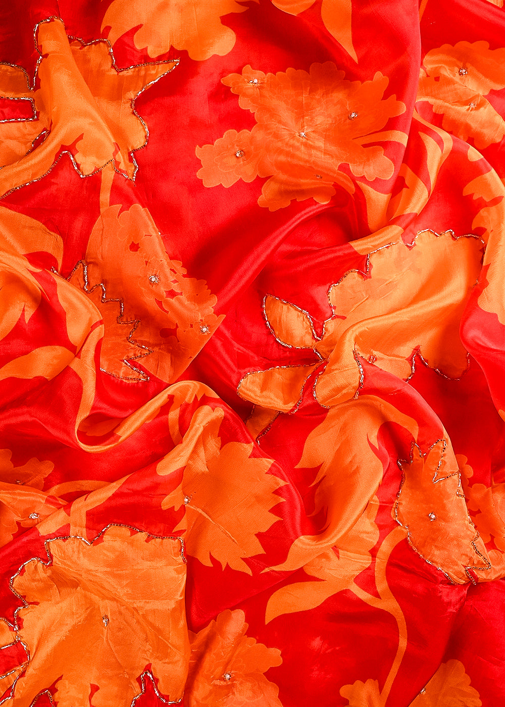 Orange Organza Fabric With All Over Floral Print, Bead And Katdana Work 24603