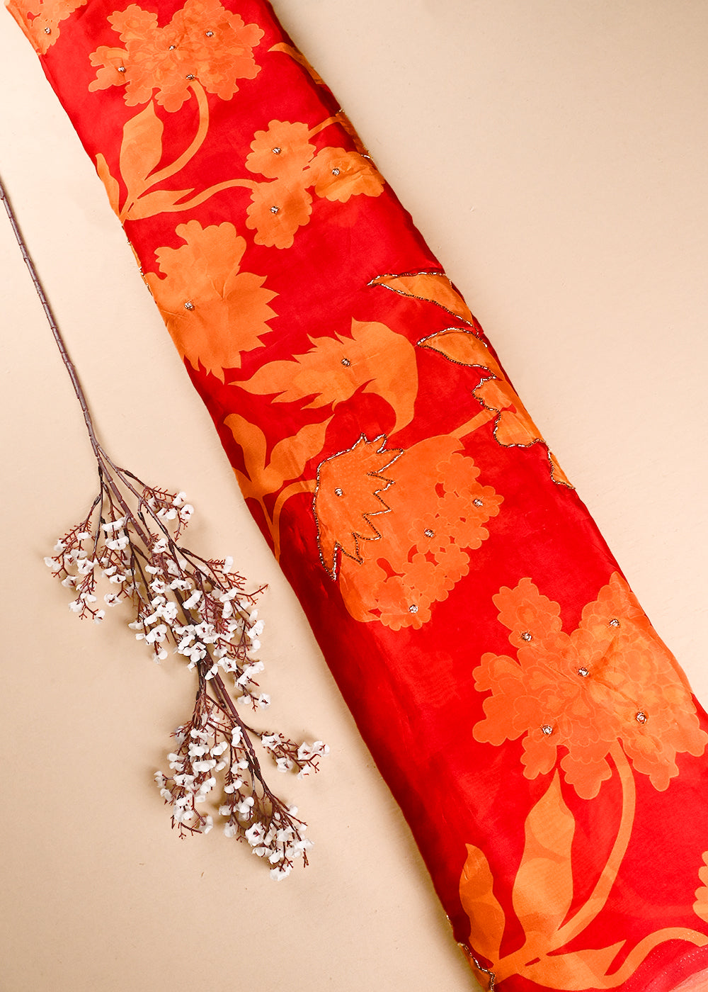 Orange Organza Fabric With All Over Floral Print, Bead And Katdana Work 24603