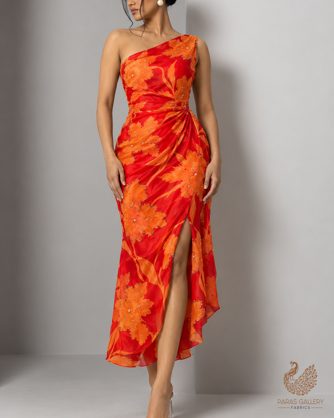 Orange Organza Fabric With All Over Floral Print, Bead And Katdana Work 24603