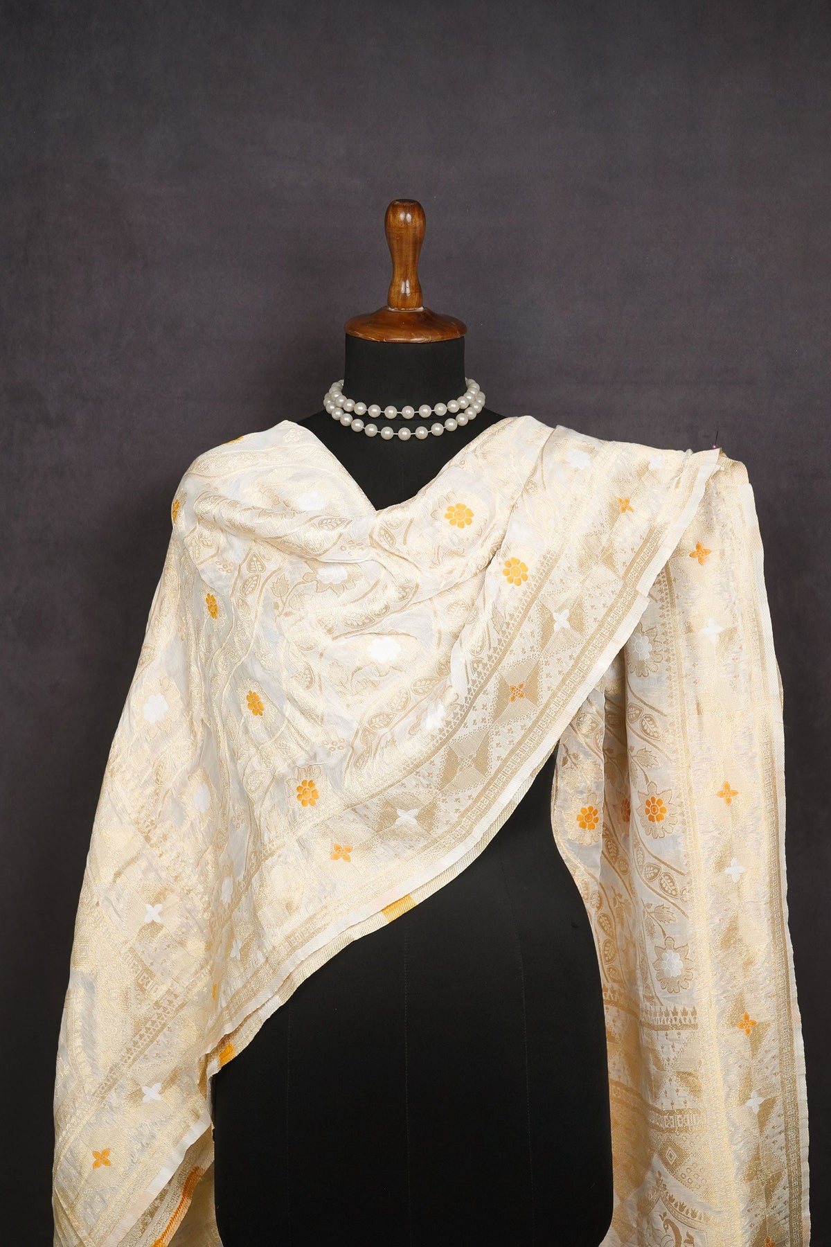 White Dyeable Banarasi Silk Dupatta All Over Zari And Thread Work 24609