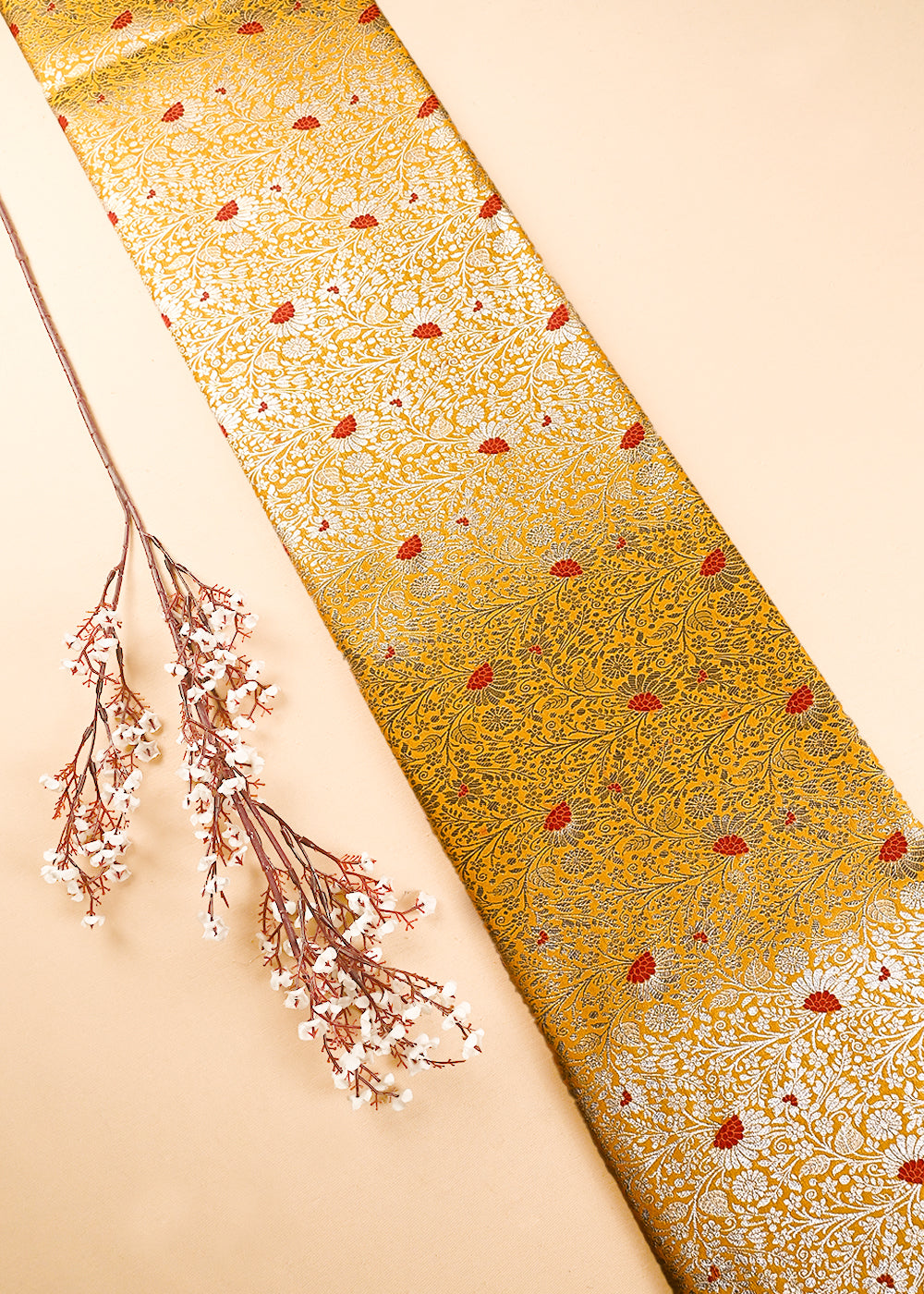 Mustard Banarasi Brocade Fabric With All Over Thread And Zari Handloom 24614