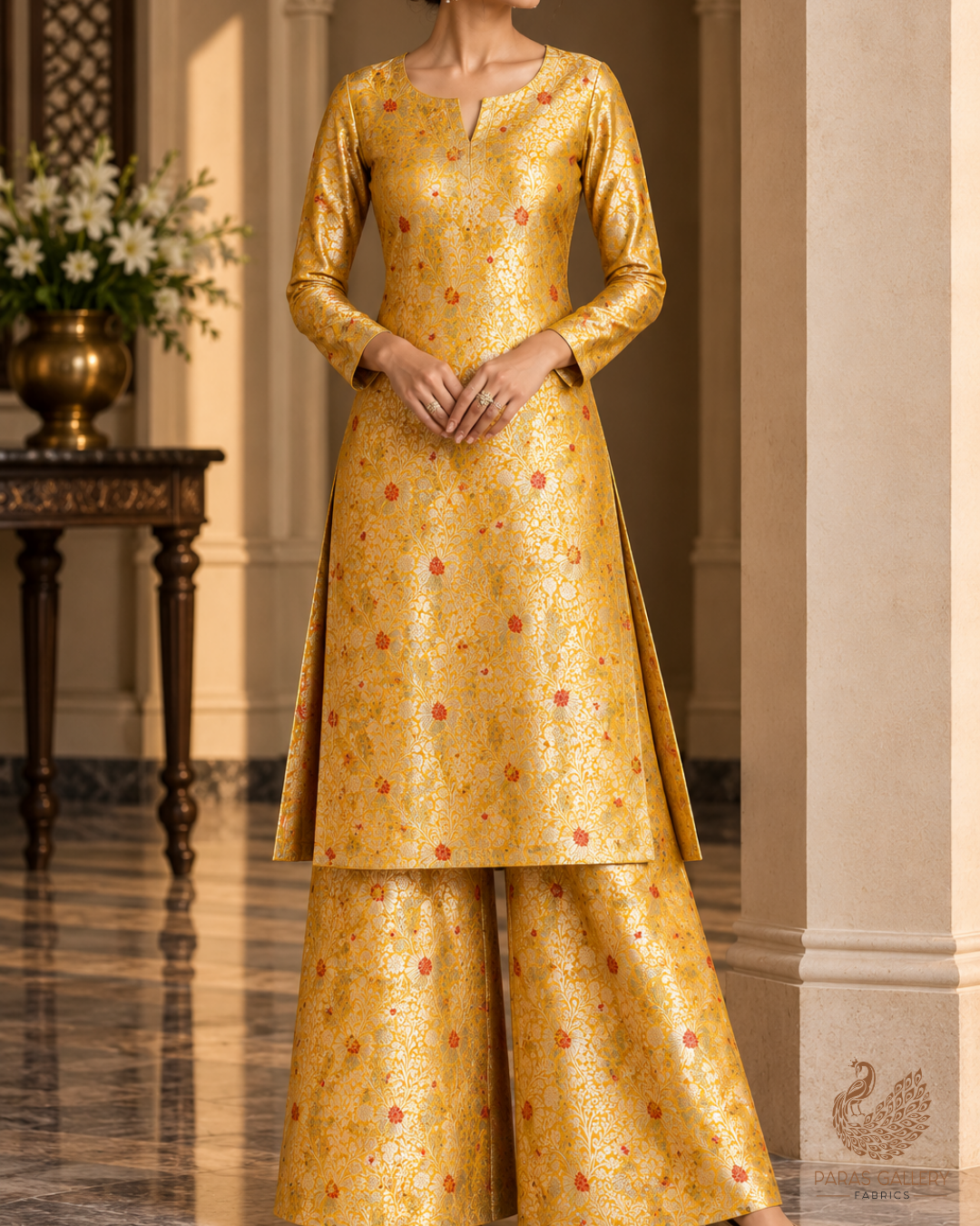 Mustard Banarasi Brocade Fabric With All Over Thread And Zari Handloom 24614