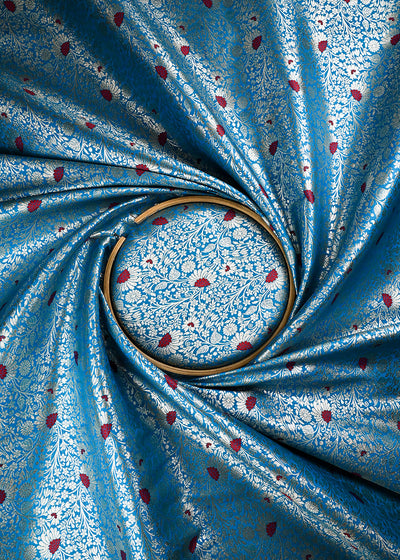 Blue Banarasi Brocade Fabric With All Over Thread And Zari Handloom 24615