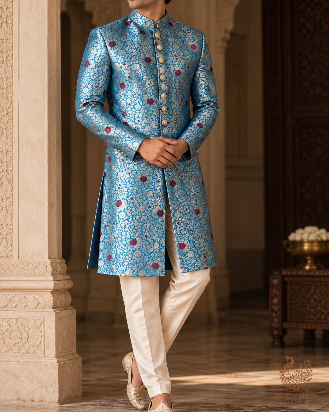 Blue Banarasi Brocade Fabric With All Over Thread And Zari Handloom 24615