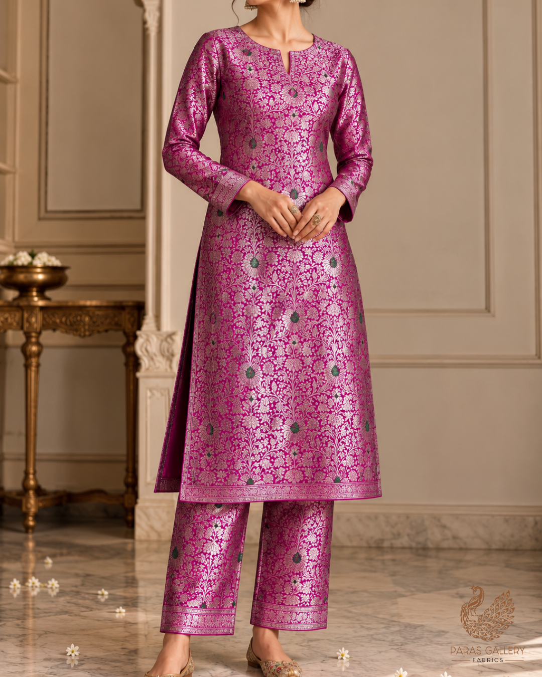 Purple Banarasi Brocade Fabric With All Over Thread And Zari Handloom 24616