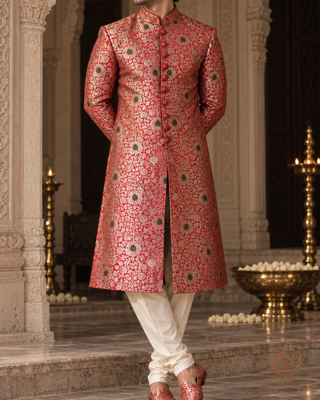 Red Banarasi Brocade Fabric With All Over Thread And Zari Handloom 24617