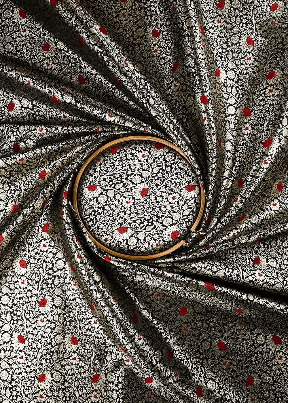 Black Banarasi Brocade Fabric With All Over Thread And Zari Handloom 24618