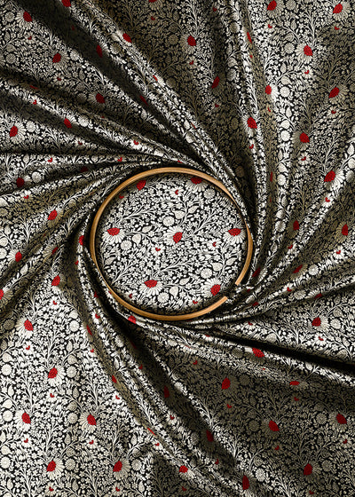 Black Banarasi Brocade Fabric With All Over Thread And Zari Handloom 24618