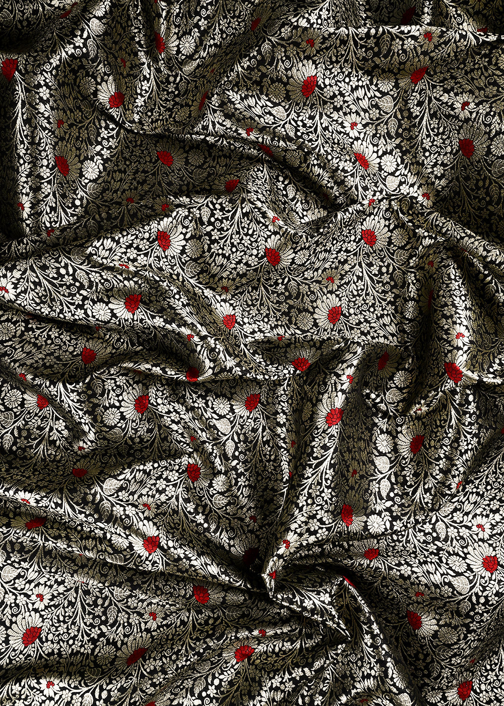 Black Banarasi Brocade Fabric With All Over Thread And Zari Handloom 24618