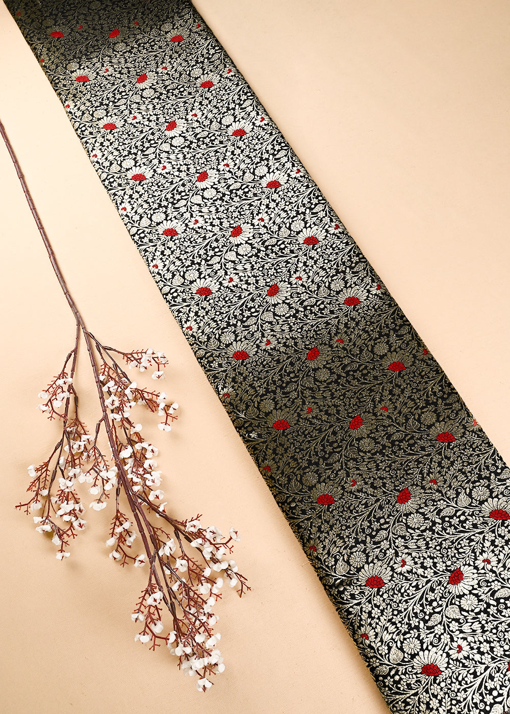 Black Banarasi Brocade Fabric With All Over Thread And Zari Handloom 24618