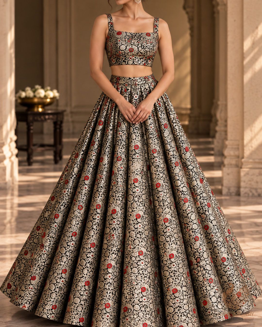 Black Banarasi Brocade Fabric With All Over Thread And Zari Handloom 24618