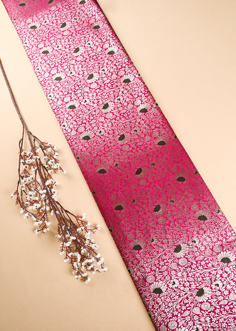 Pink Banarasi Brocade Fabric With All Over Thread And Zari Handloom 24619