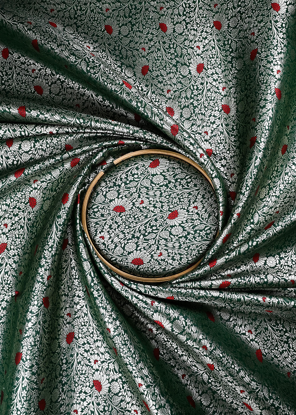 Bottle Green Banarasi Brocade Fabric With All Over Thread And Zari Handloom 24620