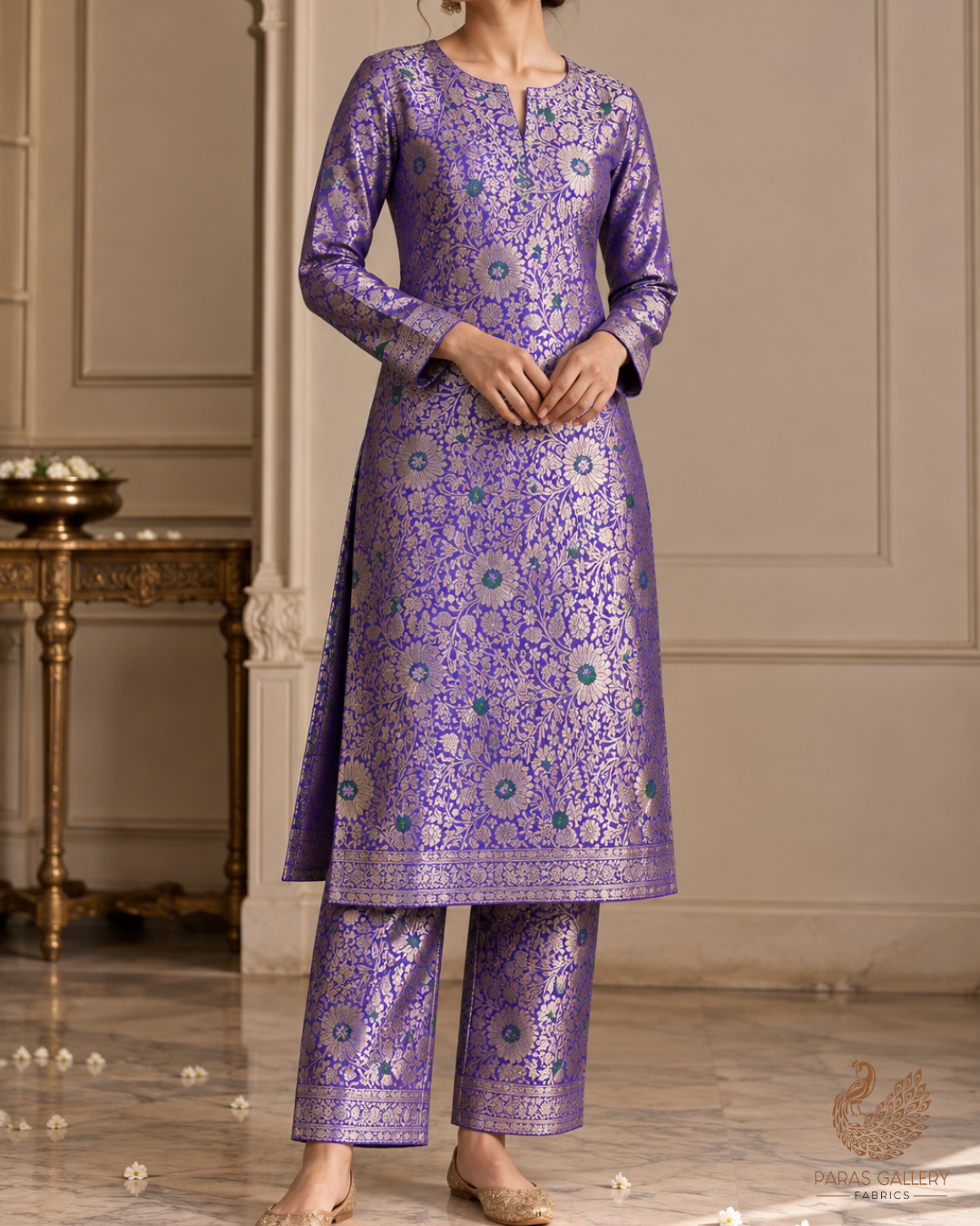Violet Banarasi Brocade Fabric With All Over Thread And Zari Handloom 24621