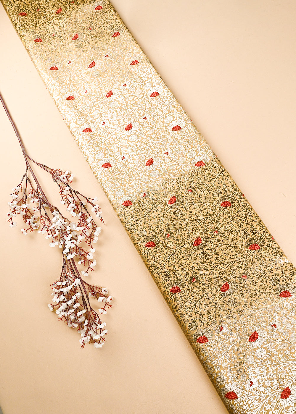 Beige Banarasi Brocade Fabric With All Over Thread And Zari Handloom 24622