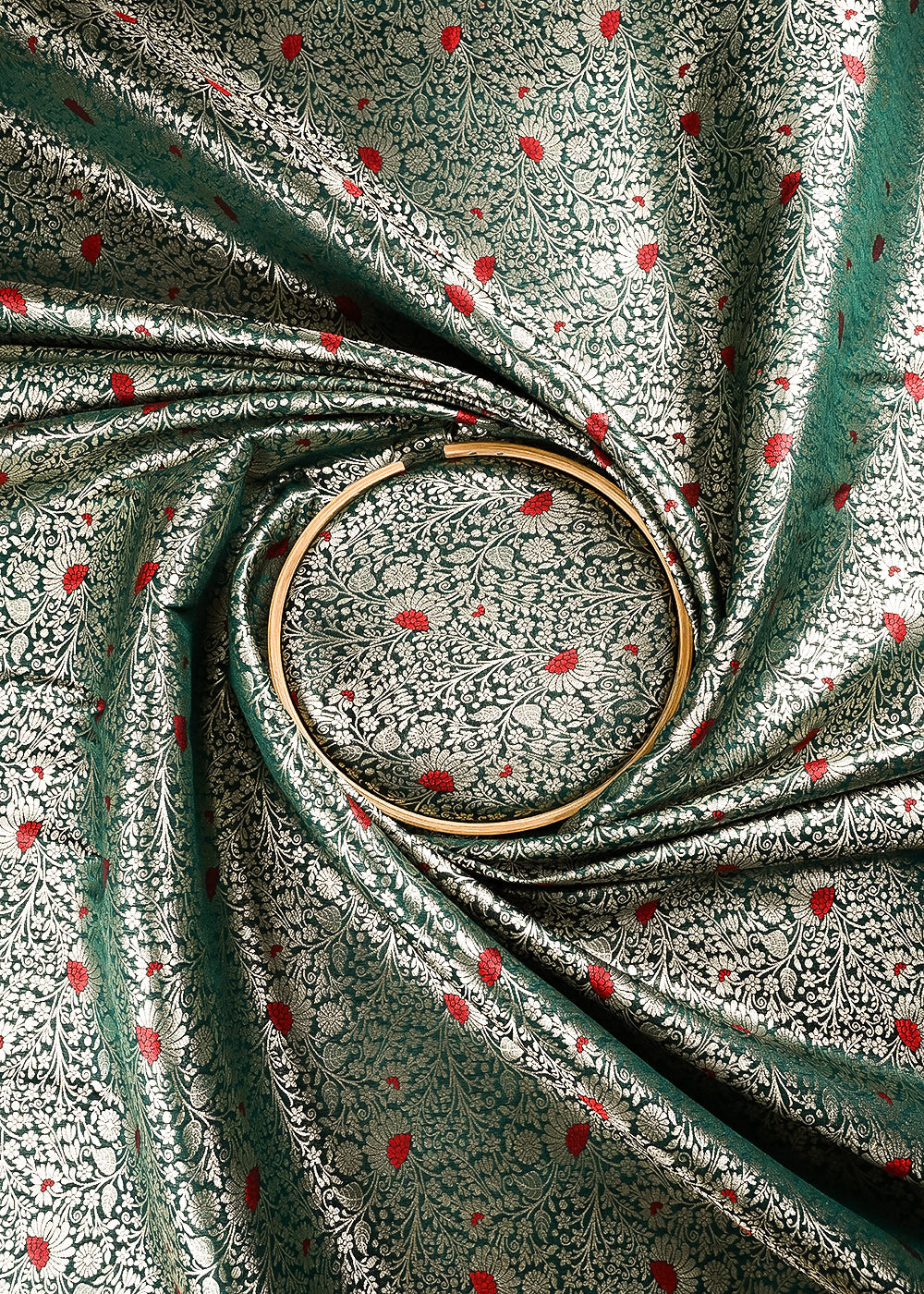 Green Banarasi Brocade Fabric With All Over Thread And Zari Handloom 24623