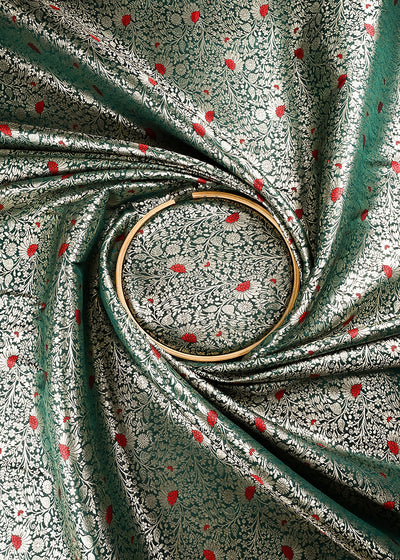 Green Banarasi Brocade Fabric With All Over Thread And Zari Handloom 24623
