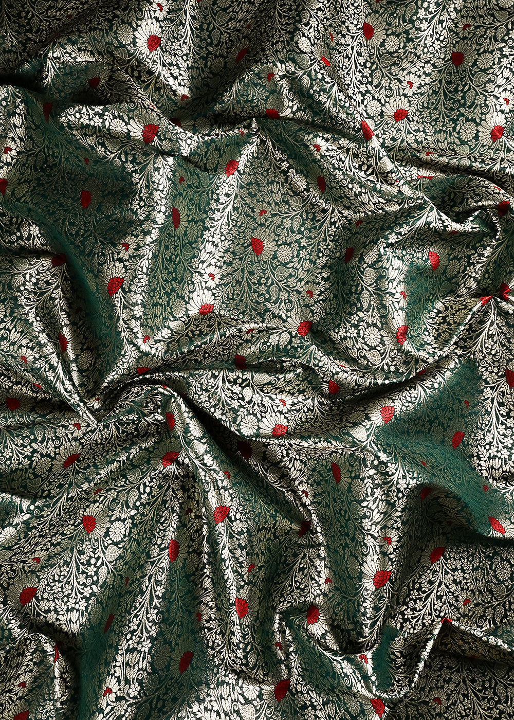 Green Banarasi Brocade Fabric With All Over Thread And Zari Handloom 24623
