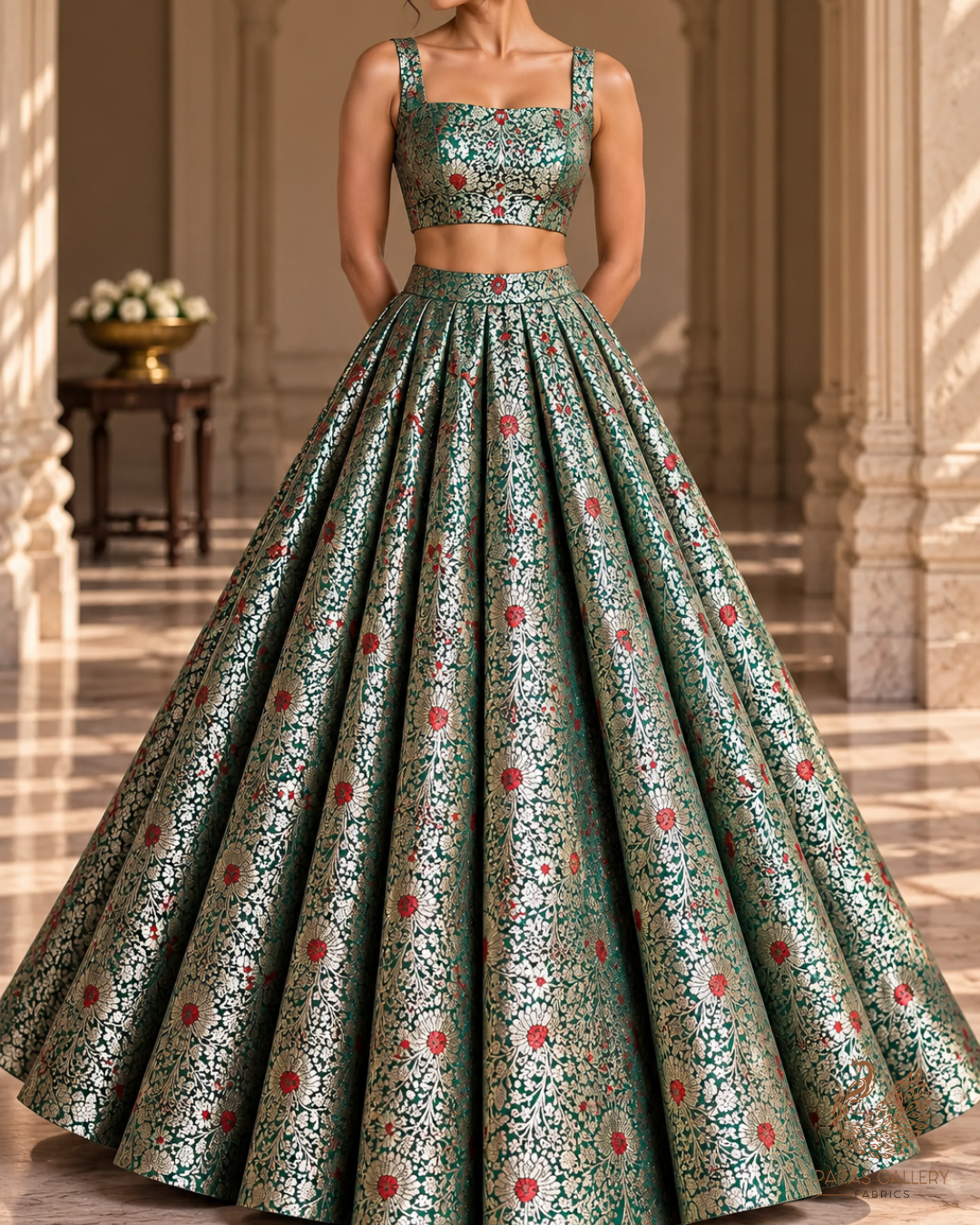 Green Banarasi Brocade Fabric With All Over Thread And Zari Handloom 24623