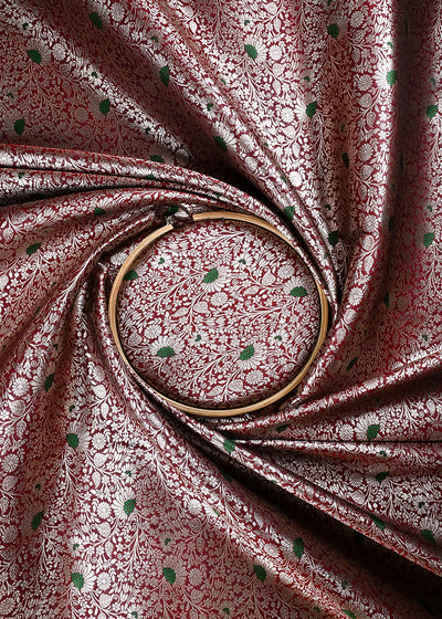 Wine Banarasi Brocade Fabric With All Over Thread And Zari Handloom 24624