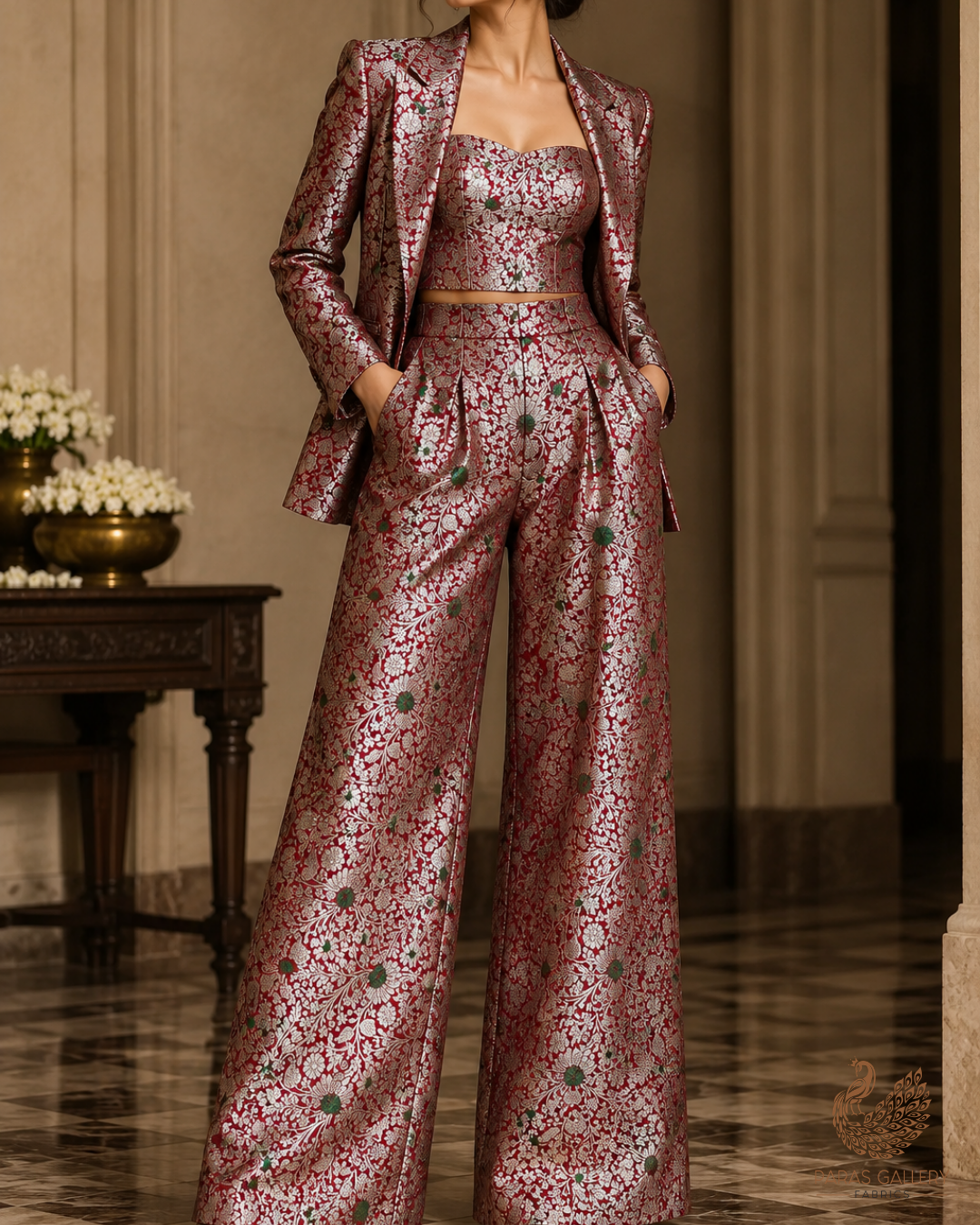 Wine Banarasi Brocade Fabric With All Over Thread And Zari Handloom 24624