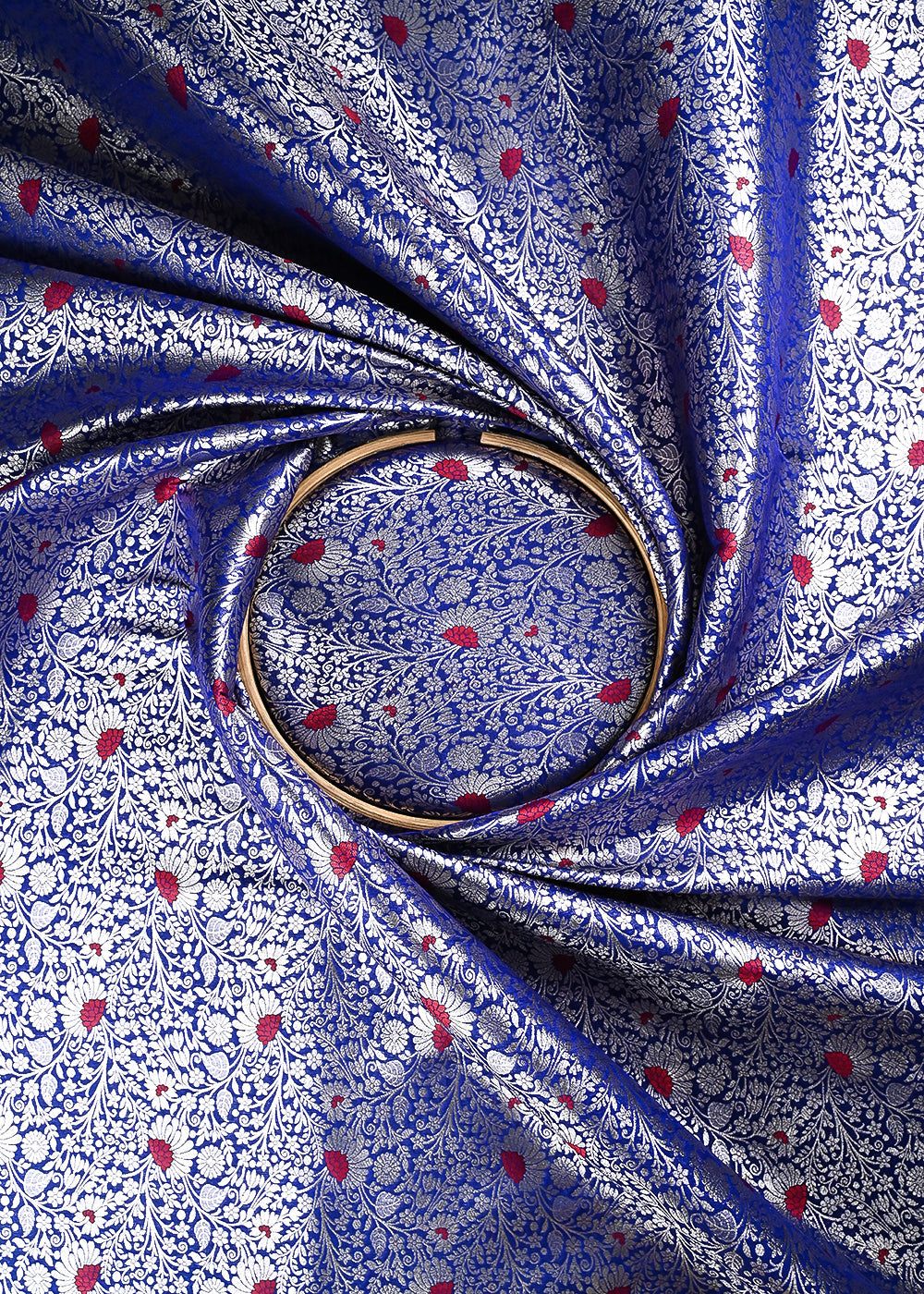 Royal Blue Banarasi Brocade Fabric With All Over Thread And Zari Handloom 24625