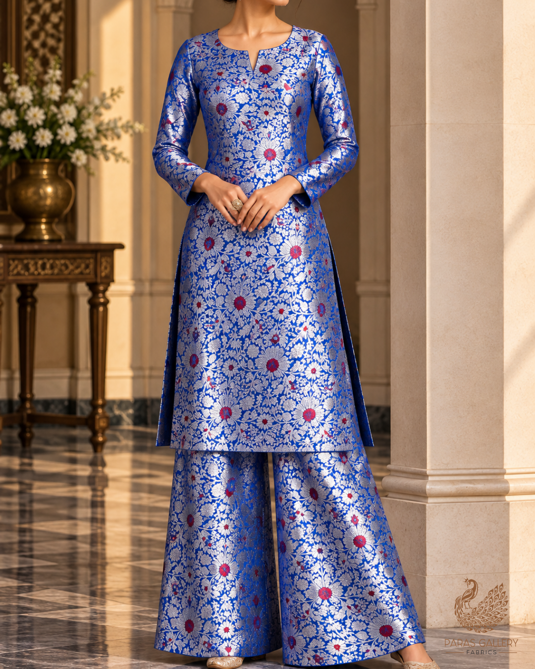 Royal Blue Banarasi Brocade Fabric With All Over Thread And Zari Handloom 24625