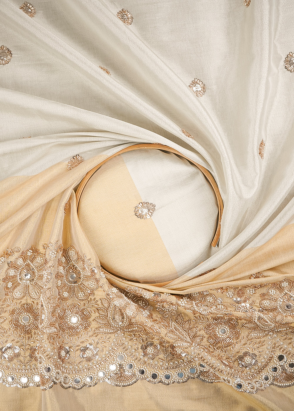 Silver Dyeable Tissue Fabric With All Over Katdana And Bead Work With One Side Golden Border 24626