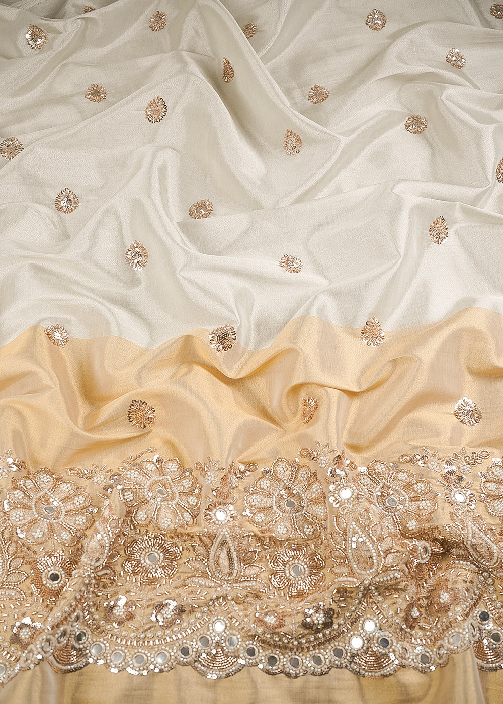 Silver Dyeable Tissue Fabric With All Over Katdana And Bead Work With One Side Golden Border 24626