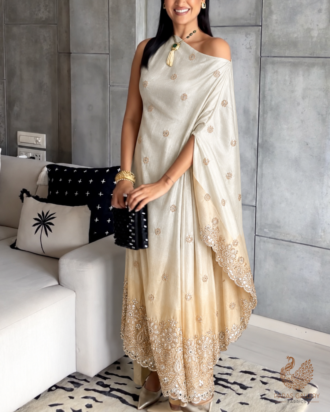 Silver Dyeable Tissue Fabric With All Over Katdana And Bead Work With One Side Golden Border 24626